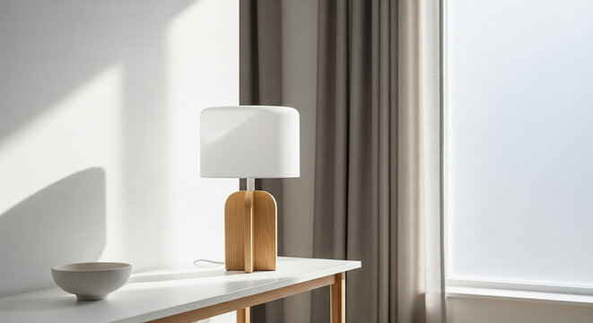 Modern wooden table lamp on a white table in a minimalist sunlit room. Concept of interior design and Scandinavian home decor.