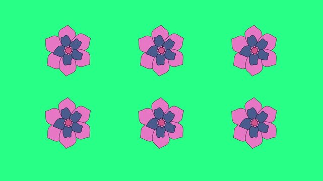 Six cartoon pink flowers with purple centers are aligned in two rows on bright limegreen background, video loops,  green screen, 4k, footage, 4k footage, slow motion, video wallpaper, animation