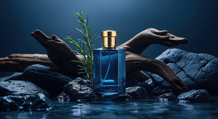 Blue cologne bottle with rosemary and driftwood on wet stones. Natural, aquatic and woody fragrance concept for men.