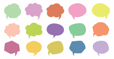 Collection of diverse colorful hand drawn speech bubbles and thought clouds on white background
