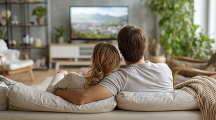 Cozy couple relaxing on couch watching tv in modern living room with plants, rear view