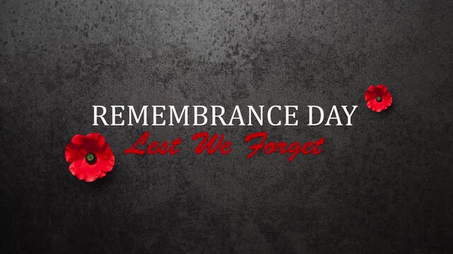 Remembrance Day Lest We Forget inscription with Poppy flowers on rusty iron background. Decorative flowers for Remembrance Day. Memorial Day. Veterans day.