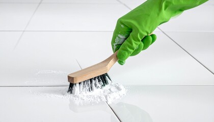 Close up of a hand wearing green glove scrubbing white tile surface with brush and cleaning powder 