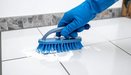 A person hand is scrubbing tile surface with a brush