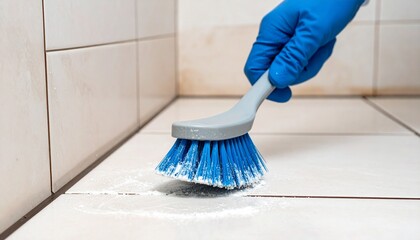 A person is scrubbing tile using a brush