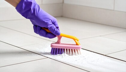 A close-up of a hand wearing a glove scrubbing the tiled floor with a brush