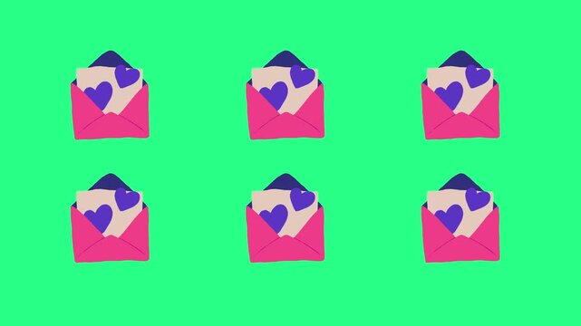 Six pink envelope icons with purple heart seals arranged in a  grid on lime-neon green background, video loops,  green screen, 4k, footage, 4k footage, slow motion, video wallpaper, animation