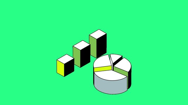 Isometric bar and pie charts visualize data growth on a bright green background. in vector art vibe