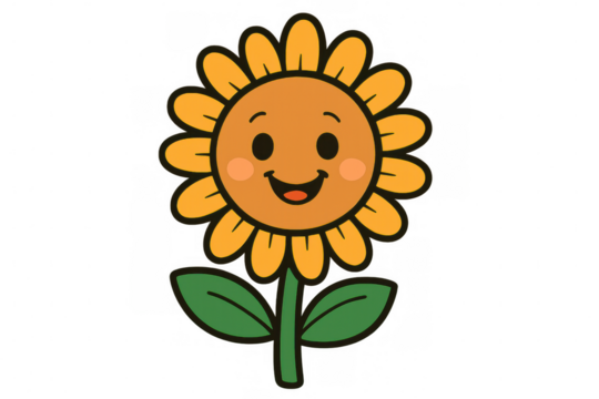 Cartoon sunflower creating happy and cheerful mood with cute smiling face and big yellow petals
