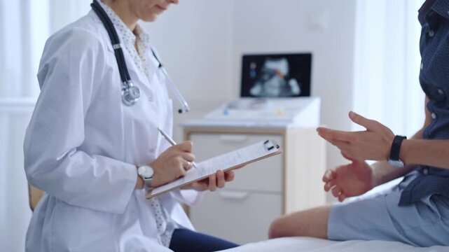 Doctor woman is taking notes on a clipboard while a male patient describes his symptoms in clinic procedure cabinet. Medicine service