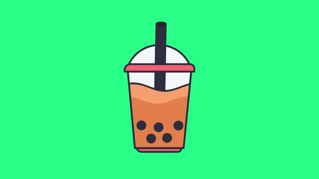 Minimal vector of a bubble tea cup with dome lid and straw against a vivid green backdrop, playful, video loops,  green screen, 4k, footage, 4k footage, slow motion, video wallpaper, animation