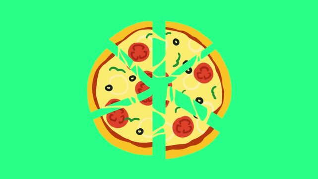 Bright green backdrop- shows a stylized pepperoni pizza with segmented slices and toppings on crust, video loops,  green screen, 4k, footage, 4k footage, slow motion, video wallpaper, animation