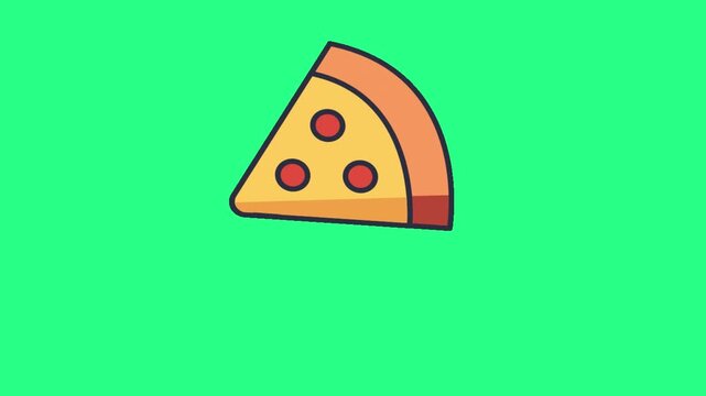 A cartoon pepperoni pizza slice with bite marks sits on a bright green background, playful and Cute, video loops,  green screen, 4k, footage, 4k footage, slow motion, video wallpaper, animation
