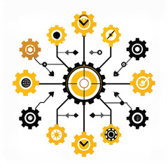 Business icon vector art of central gear with radiating smaller gears and arrows