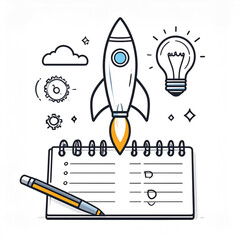 Business icon vector art of rocket launch with checklist and light bulb