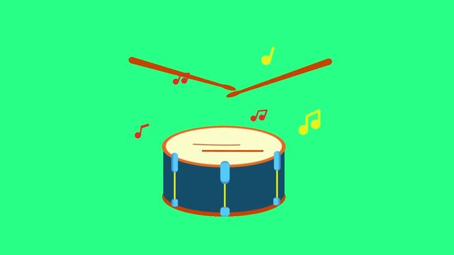 Cartoon drum set with sticks and scattered musical notes on a bright green background cheerful vibe, video loops,  green screen, 4k, footage, 4k footage, slow motion, video wallpaper, animation