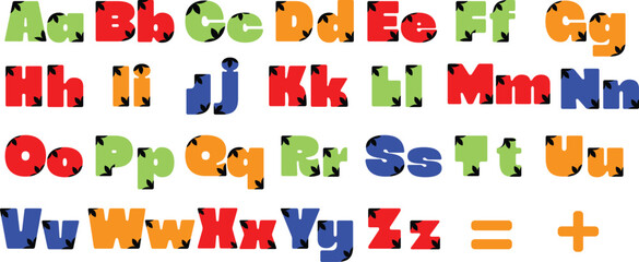 colourful fonts.Colorful alphabet letters from a to z in uppercase and lowercase with a plus sign and equals sign