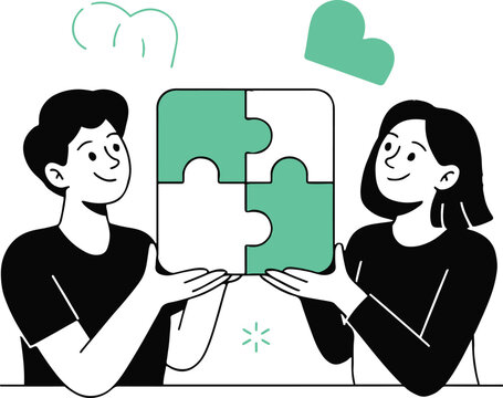 Two people holding a puzzle with green and white pieces representing teamwork and collaboration shown