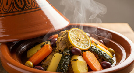 Steaming authentic Moroccan chicken or lamb tagine being prepared and served