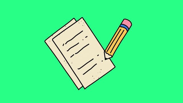 Cartoon illustration of two parchment sheets and a yellow pencil on a green background with shadows, video loops,  green screen, 4k, footage, 4k footage, videos, video clip, slow motion