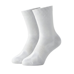 A pair of clean, white socks set against a pristine backdrop. The socks feature a classic design, showcasing a soft, comfortable material. 