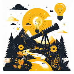 Business icon vector art of telescope pointing towards a bright sun with a lightbulb symbolizing discovery