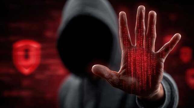 Cybersecurity Concept with Hooded Figure and Red Binary Code