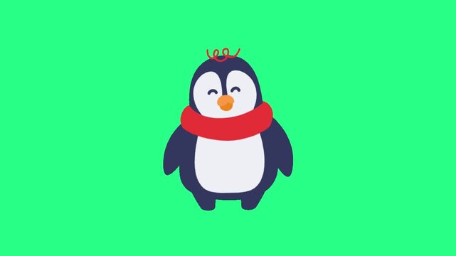A cute cartoon penguin wearing a red scarf stands centered on a bright lime-green background. Brisk, video loops,  green screen, 4k, footage, 4k footage, videos, video clip, slow motion