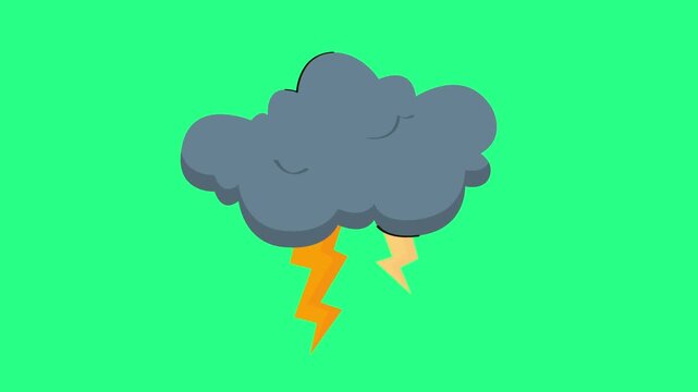 Cartoon storm cloud with dark gray hues and bright yellow lightning, on a vivid greenish background, video loops, green screen, 4k, footage, 4k footage, videos, video clip, slow motion,