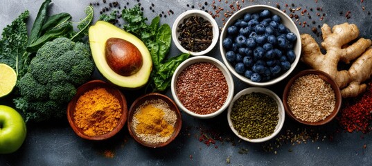 Colorful array of fresh produce and spices arranged on a dark surface