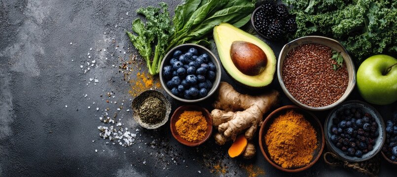 Assorted fresh, vibrant fruits, vegetables, and spices arranged on a dark surface - Powered by Adobe