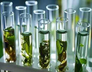 Green plant samples in laboratory test tubes