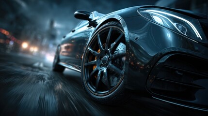 Fototapeta premium Sleek Black Sports Car Wheel in Motion on Urban Street