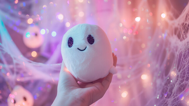 Close-up of a cute plush ghost toy against iridescent pink spider webs for a friendly Halloween scene - Powered by Adobe