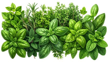 A collection of vibrant, digitally rendered culinary herbs