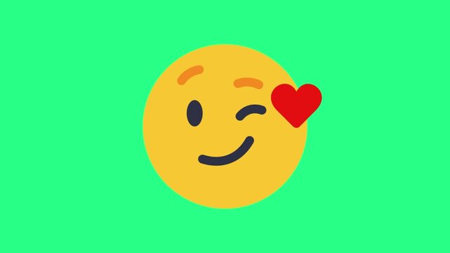 A yellow winking smiley with a red heart on the cheek, set against a vivid green backdrop, playful, video loops, green screen, 4k, footage, 4k footage, videos, video clip, slow motion