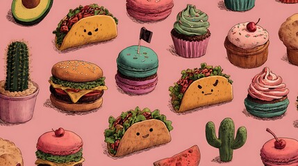 Whimsical foodie fiesta featuring cute tacos burgers cupcakes and cacti on a pink background