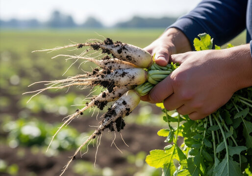 farmer holding fresh bunch of white radishes just pulled from ground. concept of organic farming, harvest season, and healthy, natural food.