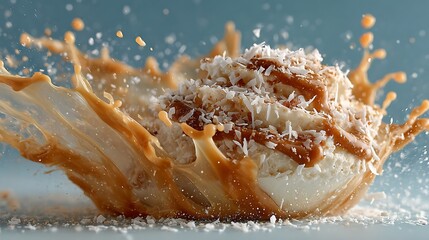 Delicious coconut crusted dessert drizzled with caramel sauce in a dramatic splash