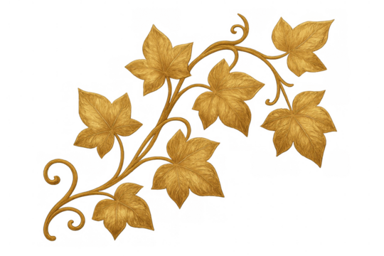 Golden ivy vine decorating a baroque style ornament, luxurious leaf pattern with filigree on transparent background