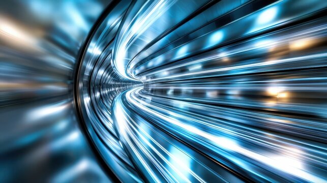 Macro light trails high speed tunnel effect blue luminous streams flowing curved perspective motion blur technology abstract design