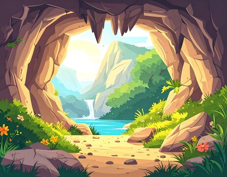 View from a cave to a sunny, lush valley - Powered by Adobe