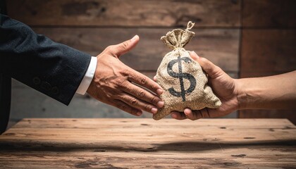 Exchange of a money bag between two people, symbolizing a business deal or transaction