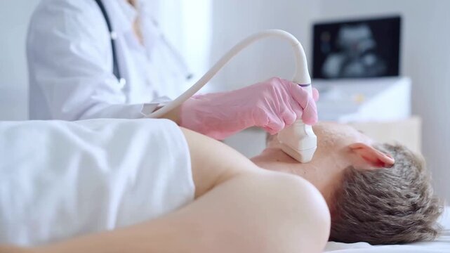 Doctor woman with pink medical gloves performing neck ultrasound exam on male patient. Thyroid gland examination. Medicine service concept
