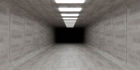 Empty concrete tunnel with bright lights