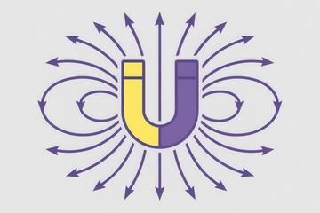 Fototapeta premium Magnetic force illustrated with a stylized purple and yellow magnet surrounded by radiating arrows representing attraction and repulsion creating an intriguing visual concept