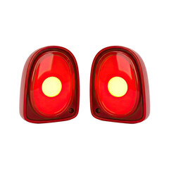 Close up abstract of two glowing red car taillights with bright yellow center lights set against a vibrant red textured background creating an