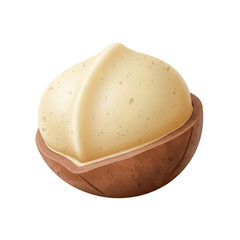 Close-up macro photograph of a single raw macadamia nut with its cracked shell revealing the creamy white kernel inside set against a soft gradient