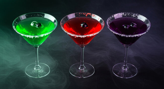 Three Halloween cocktails with eyeballs and spooky smoke
