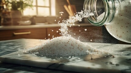 Salt cascading motion kosher pouring tilted glass jar cascade marble surface crystals sharp focus kitchen lighting natural curves modern elements